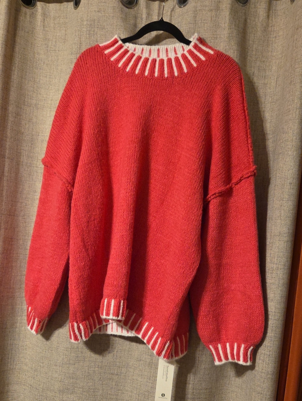 Women's Red Crewneck Sweater with White Contrast Trim Oversized NWT